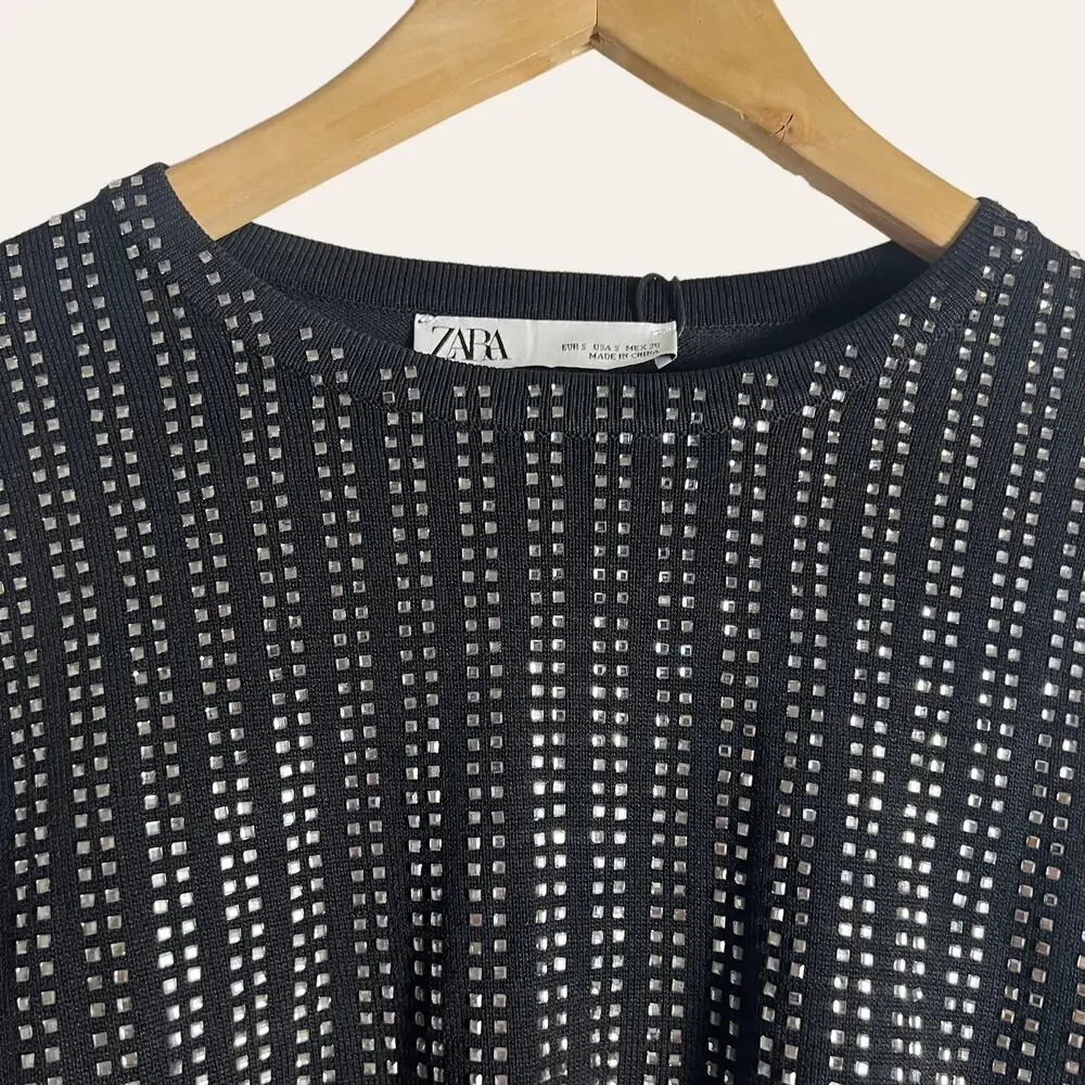 Zara Black Knit Shiny Gem Embellished Long Sleeve Crop Top Size S